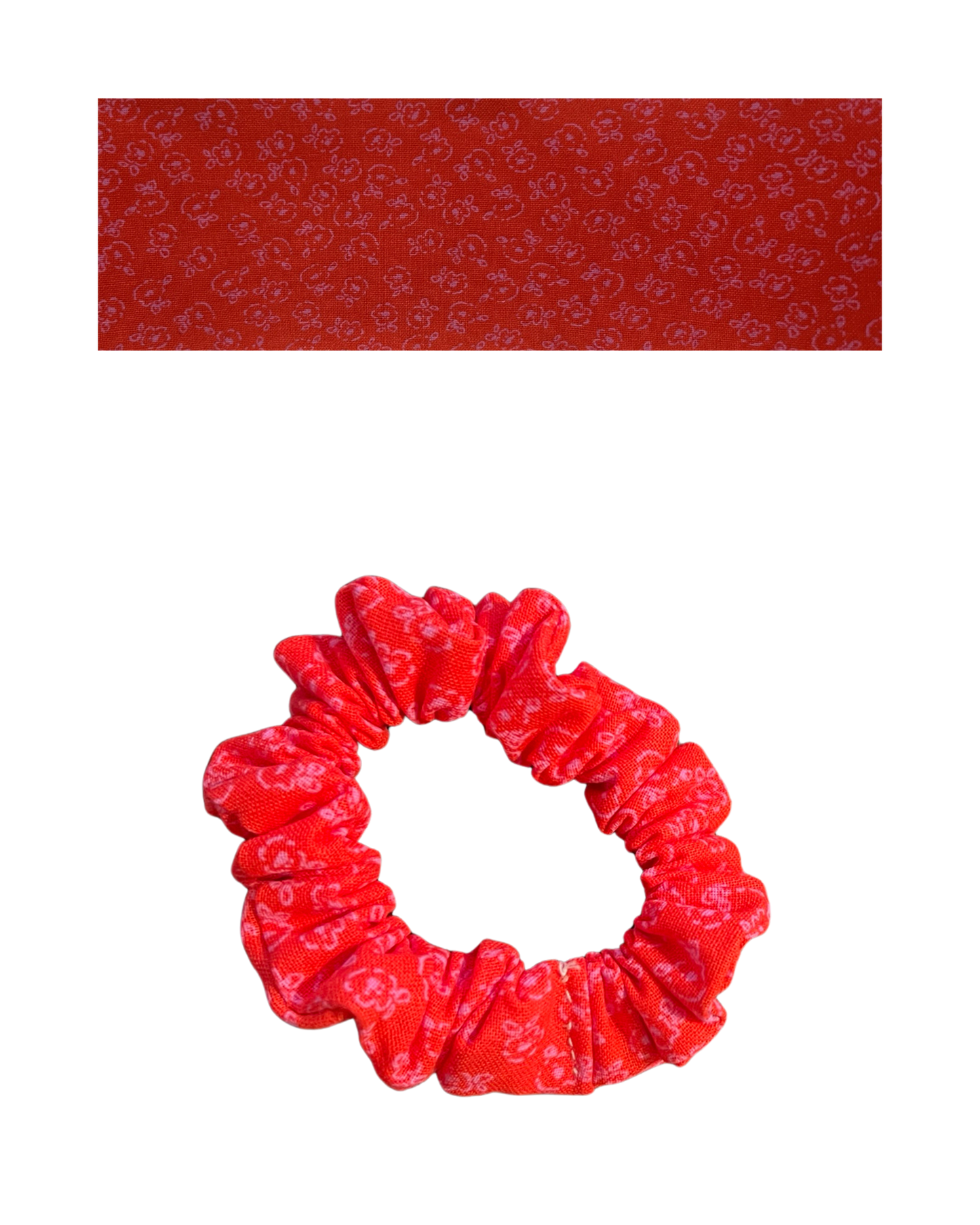 Red scrunchie with pink floral patten