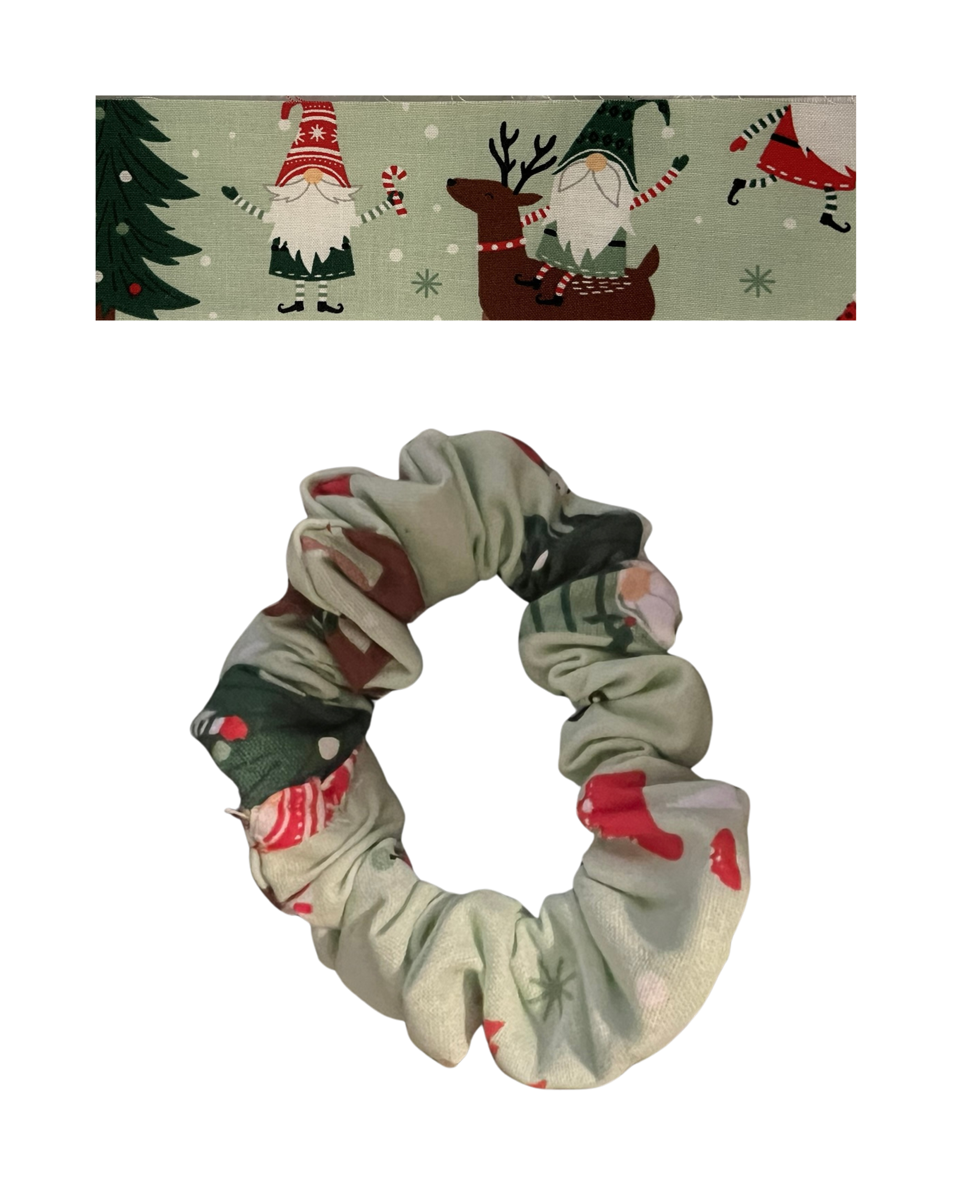 Sage green with Christmas gnomes/elves in sweaters