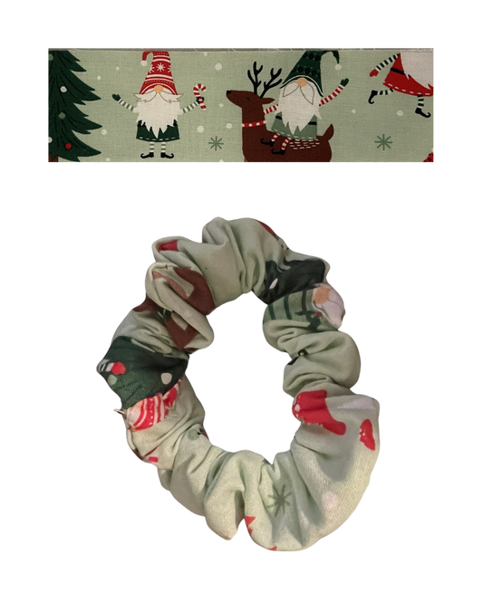 Sage green with Christmas gnomes/elves in sweaters