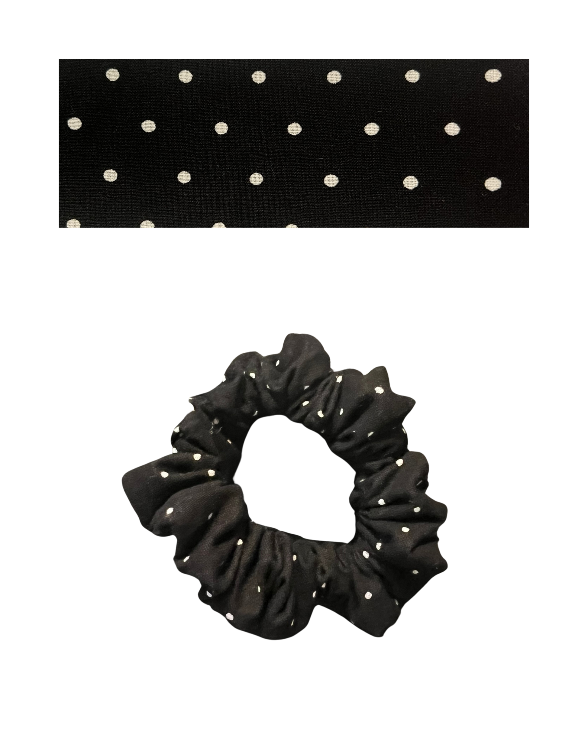 Black scrunchie with white polka dots on a white background